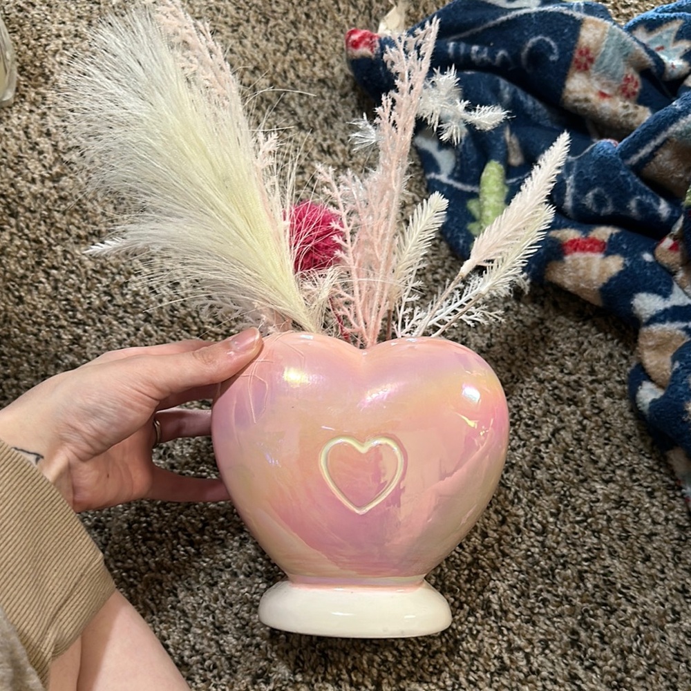 Pink Heart Vase with Decorative Feathers